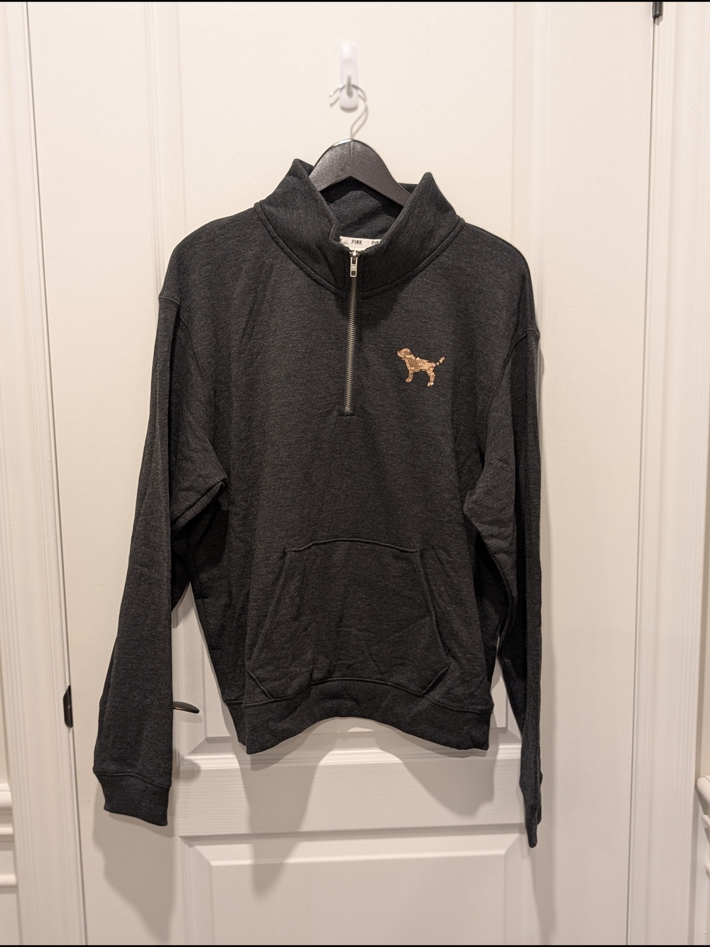 PINK Victoria Secret Dark Gray Quarter-Zip Sweatshirt with sequins Embroidery.